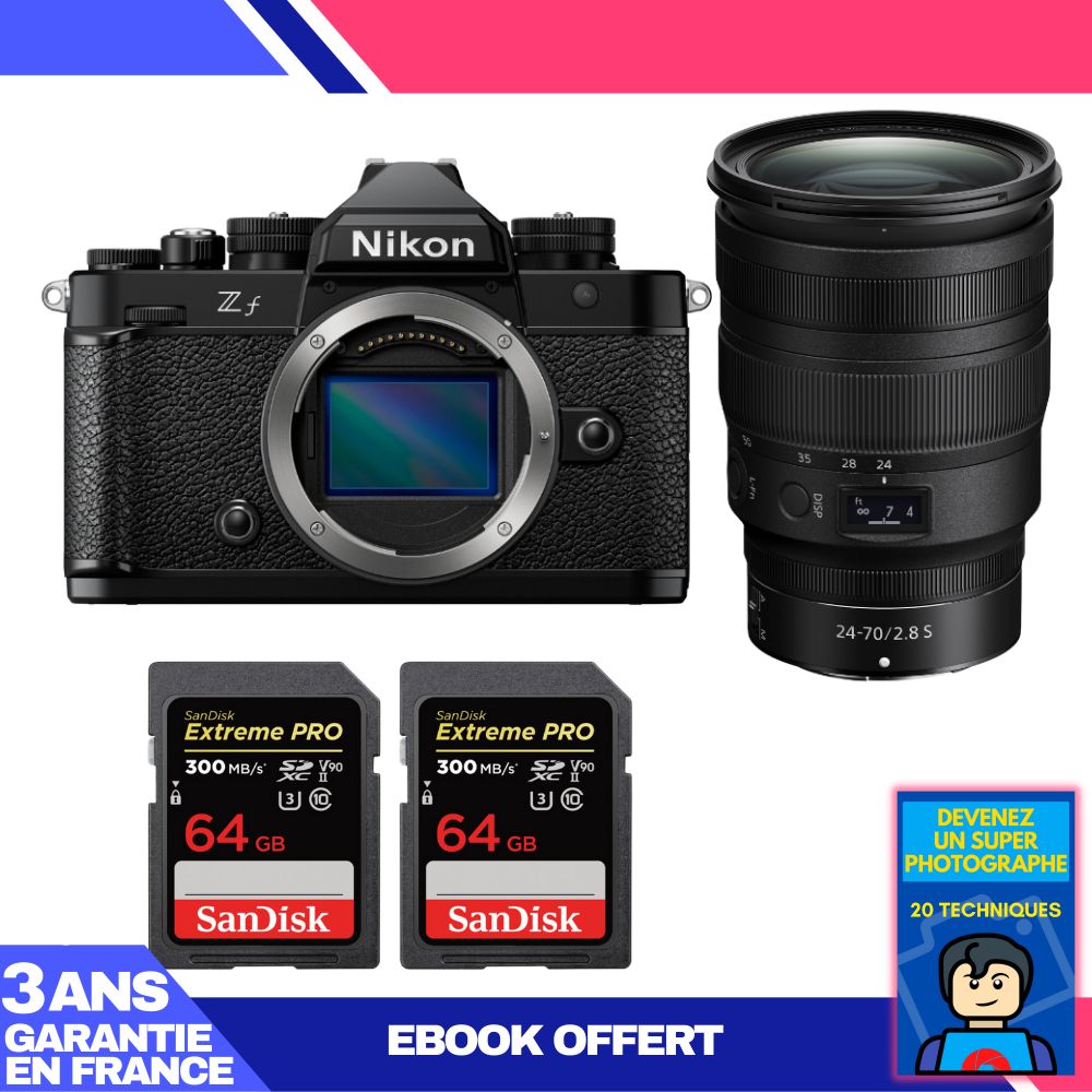 Nikon Zf Camera + 24-70mm f/2.8 S Lens + 2 SanDisk 64GB Extreme PRO UHS-II SDXC Cards + 'Become a Super Photographer' Ebook