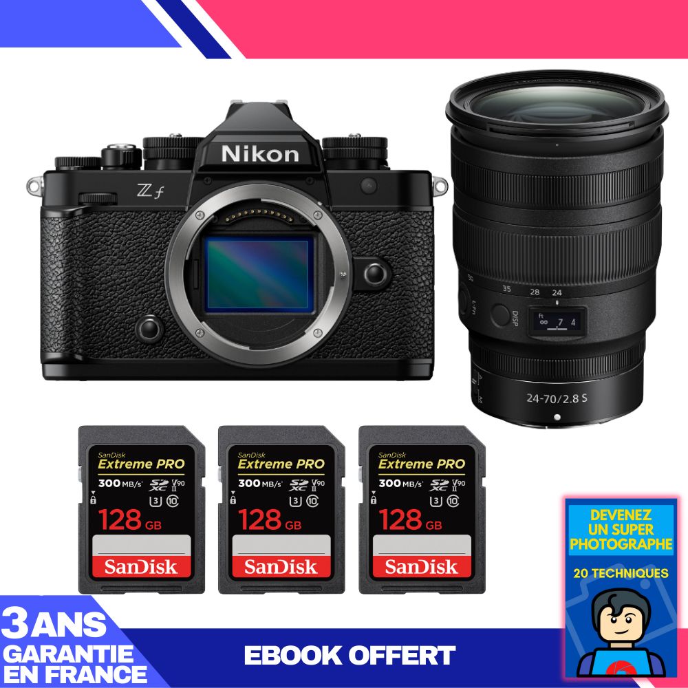Nikon Zf Camera + 24-70mm f/2.8 S Lens + 3 SanDisk 128GB Extreme PRO UHS-II SDXC Cards + Ebook: Become a Super Photographer