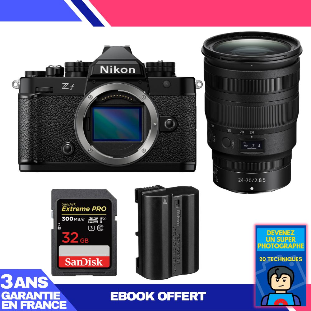 Nikon Zf Camera + 24-70mm f/2.8 S Lens + 1 SanDisk 32GB Extreme PRO UHS-II SDXC Card + 1 Nikon EN-EL15C Battery + 'Become a Super Photographer' Ebook