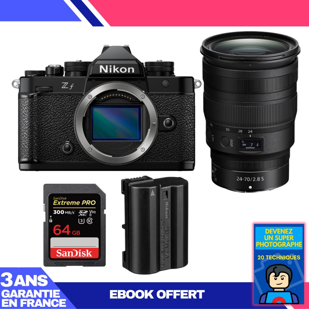 Nikon Zf Camera + 24-70mm f/2.8 S Lens + 1 SanDisk 64GB Extreme PRO UHS-II SDXC Card + 1 Nikon EN-EL15C Battery + Ebook 'Become a Super Photographer'