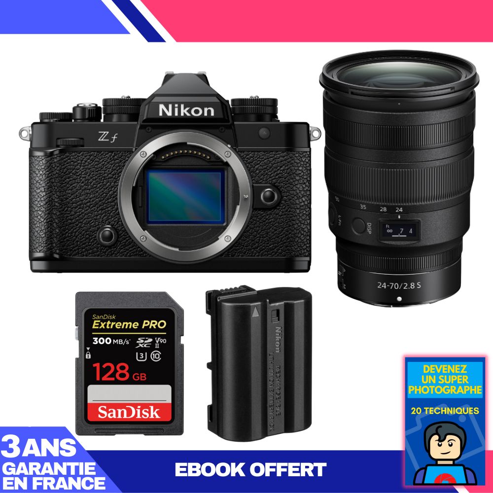 Nikon Zf Camera + 24-70mm f/2.8 S Lens + 1 SanDisk 128GB Extreme PRO UHS-II SDXC Card + 1 Nikon EN-EL15C Battery + Ebook 'Become a Super Photographer