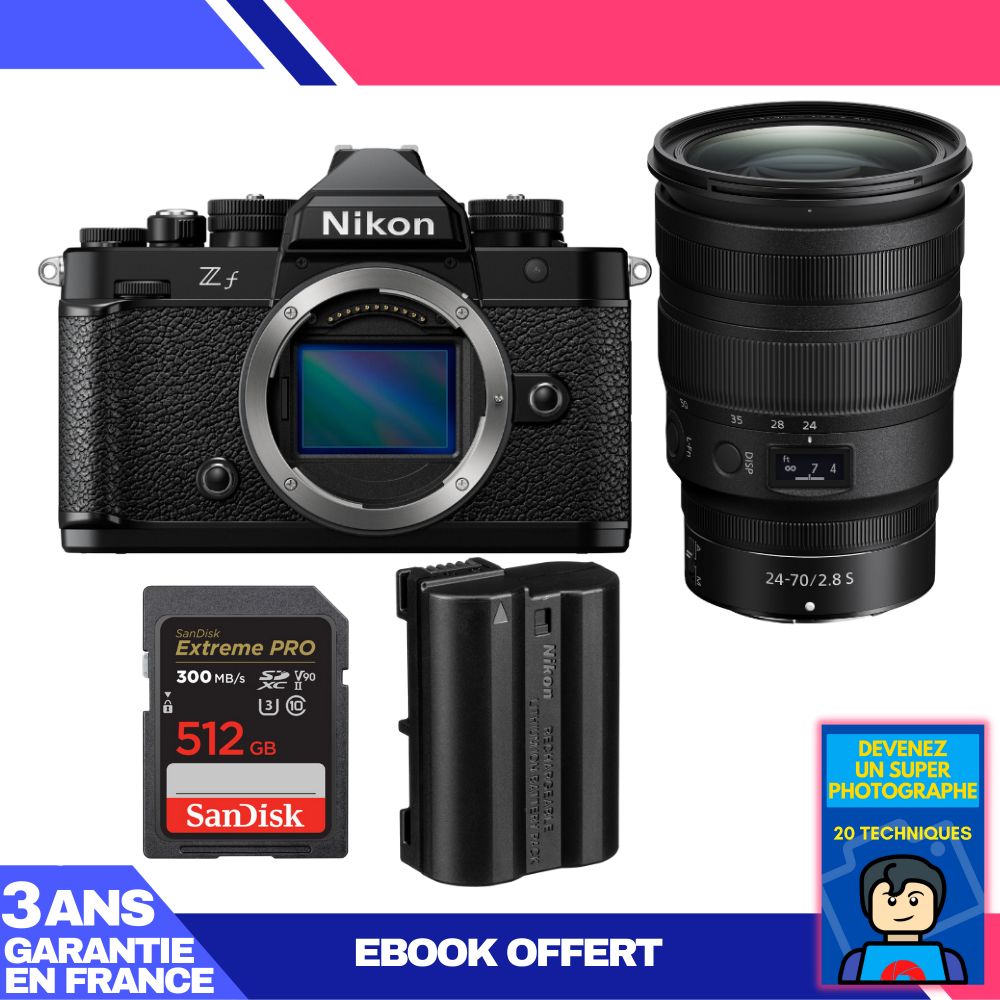 Nikon Zf Camera + 24-70mm f/2.8 S Lens + 1 SanDisk 512GB Extreme PRO UHS-II SDXC Card + 1 Nikon EN-EL15C Battery + Ebook 'Become a Super Photographer