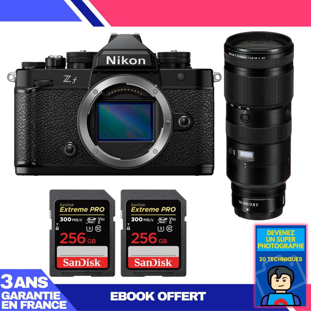 Nikon Zf Camera + 70-200mm f/2.8 VR S Lens + 2 SanDisk 256GB Extreme PRO UHS-II SDXC Cards