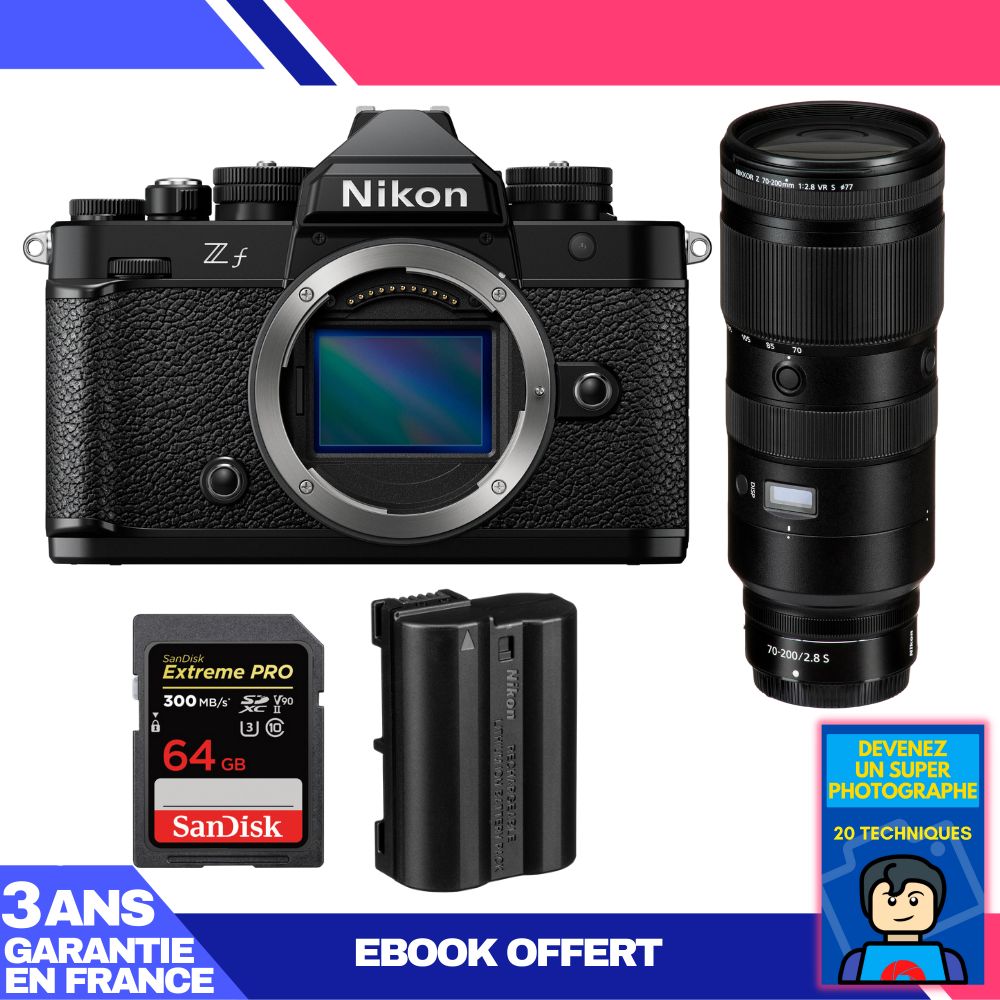 Nikon Zf Body + 70-200mm f/2.8 VR S Lens + 1 SanDisk 64GB Extreme PRO UHS-II SDXC Card + 1 Nikon EN-EL15C Battery + Ebook 'Become a Super Photographer
