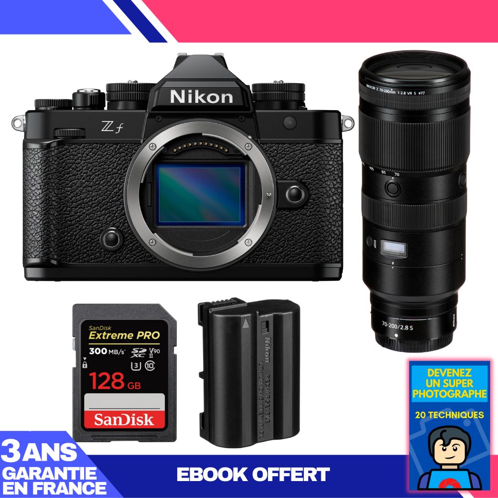 Nikon Zf Body + 70-200mm f/2.8 VR S Lens + 1 SanDisk 128GB Extreme PRO UHS-II SDXC Card + 1 Nikon EN-EL15C + Ebook 'Become a Super Photographer