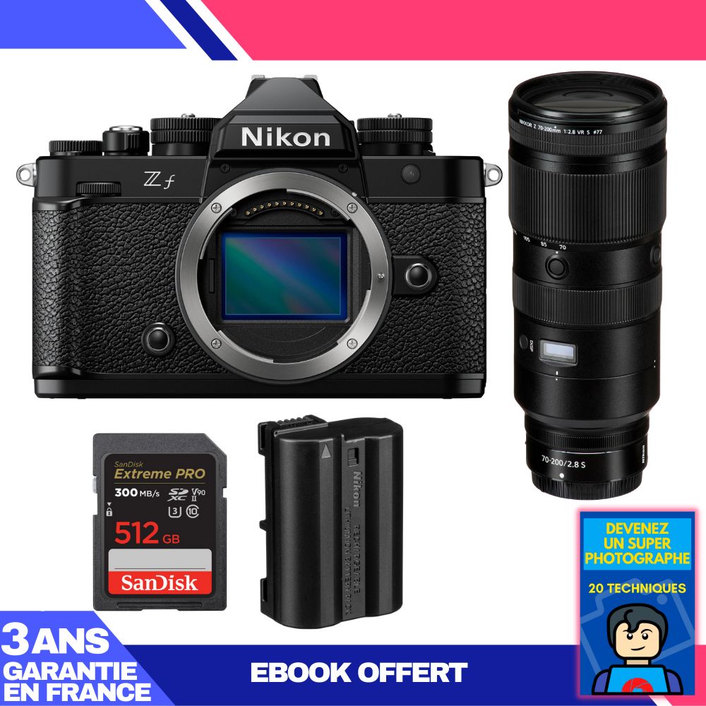 Nikon Zf Camera + 70-200mm f/2.8 VR S Lens + 1 SanDisk 512GB Extreme PRO UHS-II SDXC Card + 1 Nikon EN-EL15C Battery + Ebook 'Become a Super Photographer'