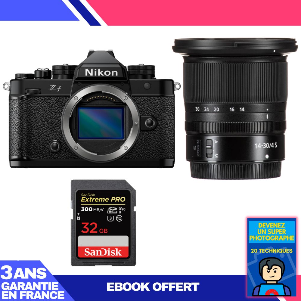 Appareil photo Nikon Zf + Objectif 14-30mm f/4 S + Carte SD 32 Go SanDisk Extreme PRO UHS-II + Ebook : Devenez un Photographe Extraordinaire