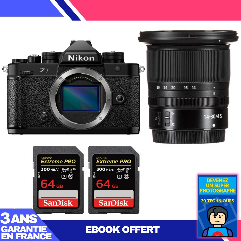 Nikon Zf Camera + 14-30mm f/4 S Lens + 2 SanDisk 64GB Extreme PRO UHS-II SDXC Cards + Ebook: Become a Super Photographer
