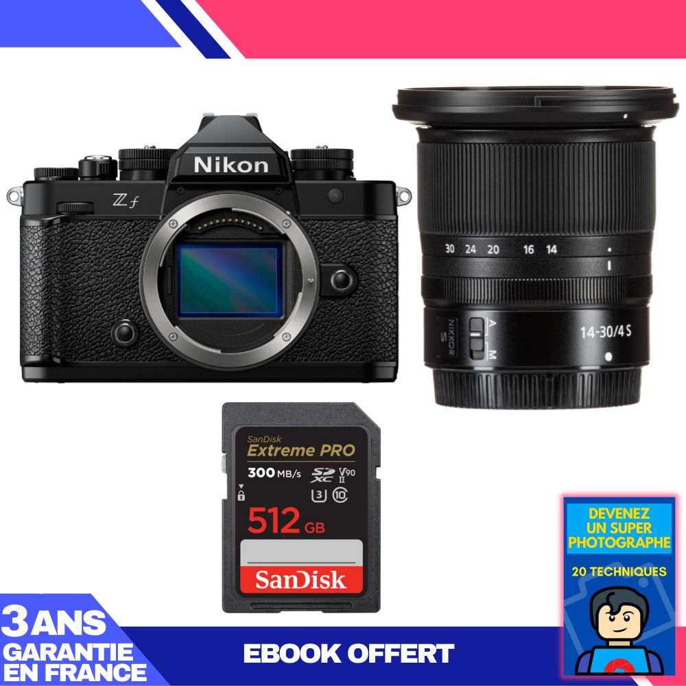 Appareil photo Nikon Zf + Objectif 14-30mm f/4 S + Carte SD 512 Go SanDisk Extreme PRO + Ebook : Devenez un Photographe Suprême