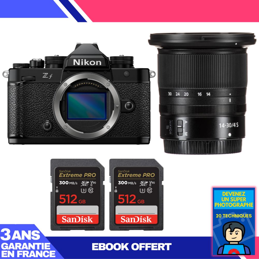 Nikon Zf Camera + 14-30mm f/4 S Lens + 2x 512GB SanDisk Extreme PRO UHS-II SDXC Cards + 'Become a Super Photographer' Ebook
