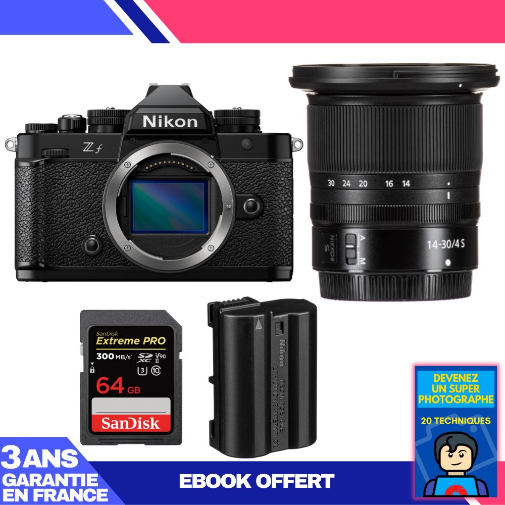 Appareil photo Nikon Zf + Objectif 14-30mm f/4 S + 1 Carte SanDisk 64 Go Extreme PRO UHS-II SDXC 300 Mo/s + 1 Batterie Nikon EN-EL15C + Ebook 'Devenez un Super Photographe