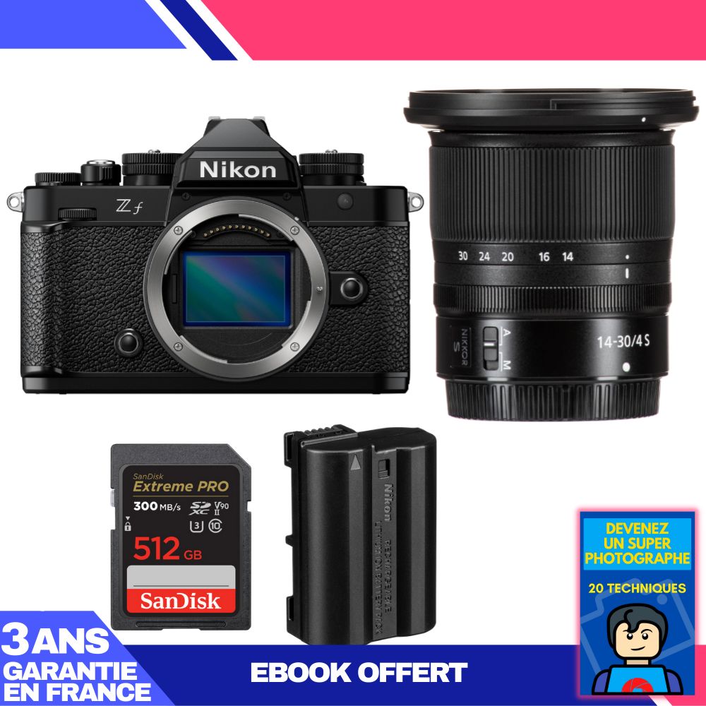 Appareil photo Nikon Zf + Objectif 14-30mm f/4 S + 1 Carte SD SanDisk 512 Go Extreme PRO UHS-II 300 Mo/s + 1 Batterie Nikon EN-EL15C + Ebook 'Devenez un Photographe Super'