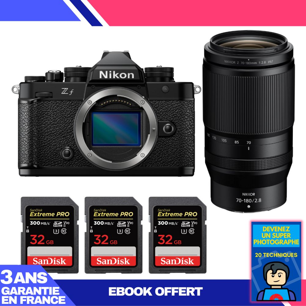 Boîtier Nikon Zf + Objectif 70-180mm f/2.8 + 3 Cartes SD 32Go SanDisk Extreme PRO UHS-II + Ebook 'Devenez un Photographe Suprême'