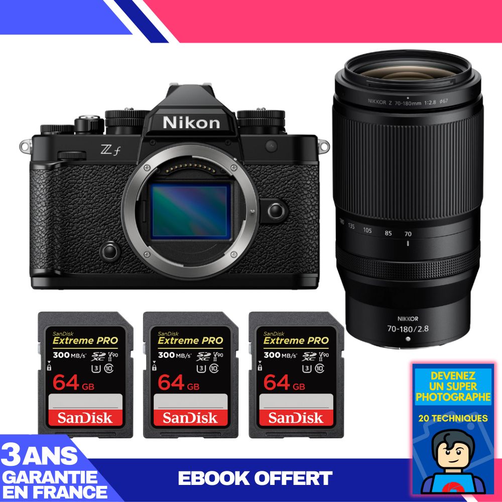 Appareil photo Nikon Zf + Objectif 70-180 mm f/2,8 + 3 Cartes mémoire SanDisk Extreme PRO UHS-II 64 Go + Ebook 'Devenez un super photographe'