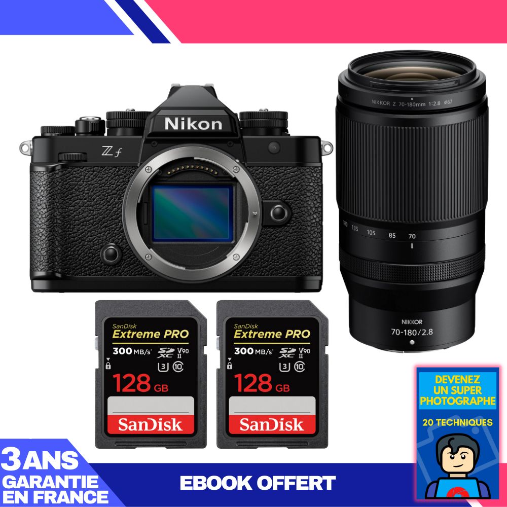 Cuerpo Nikon Zf + Lente 70-180mm f/2.8 + 2 Tarjetas SanDisk 128GB Extreme PRO UHS-II SDXC 300 MB/s + Ebook 'Conviértete en un Fotógrafo Super