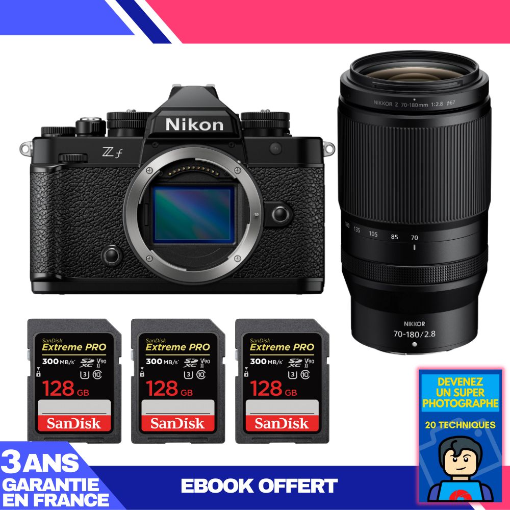 Appareil photo Nikon Zf + Objectif 70-180mm f/2.8 + 3 x Cartes SD 128Go SanDisk Extreme PRO UHS-II + Guide 'Devenez un Photographe Suprême'