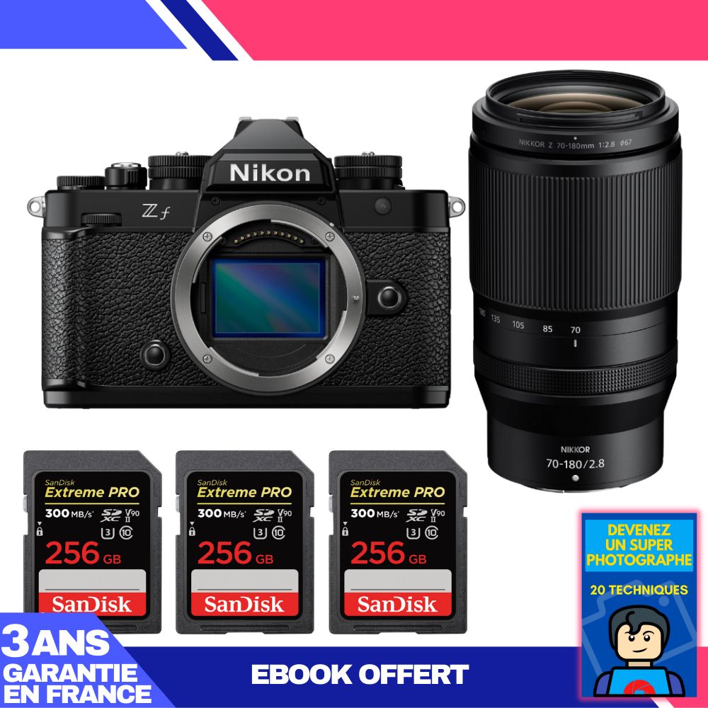 Boîtier Nikon Zf + Objectif 70-180mm f/2.8 + 3 Cartes SD SanDisk 256Go Extreme PRO UHS-II + Ebook 'Devenez un Super Photographe'