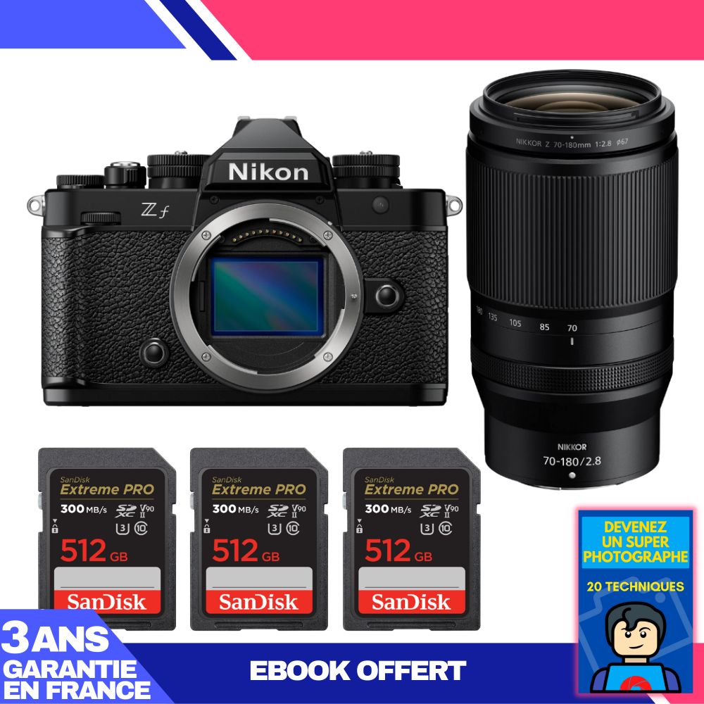 Boîtier Nikon Zf + Objectif 70-180mm f/2.8 + 3 Cartes SD SanDisk 512Go Extreme PRO UHS-II + Ebook 'Devenez un Photographe Suprême'