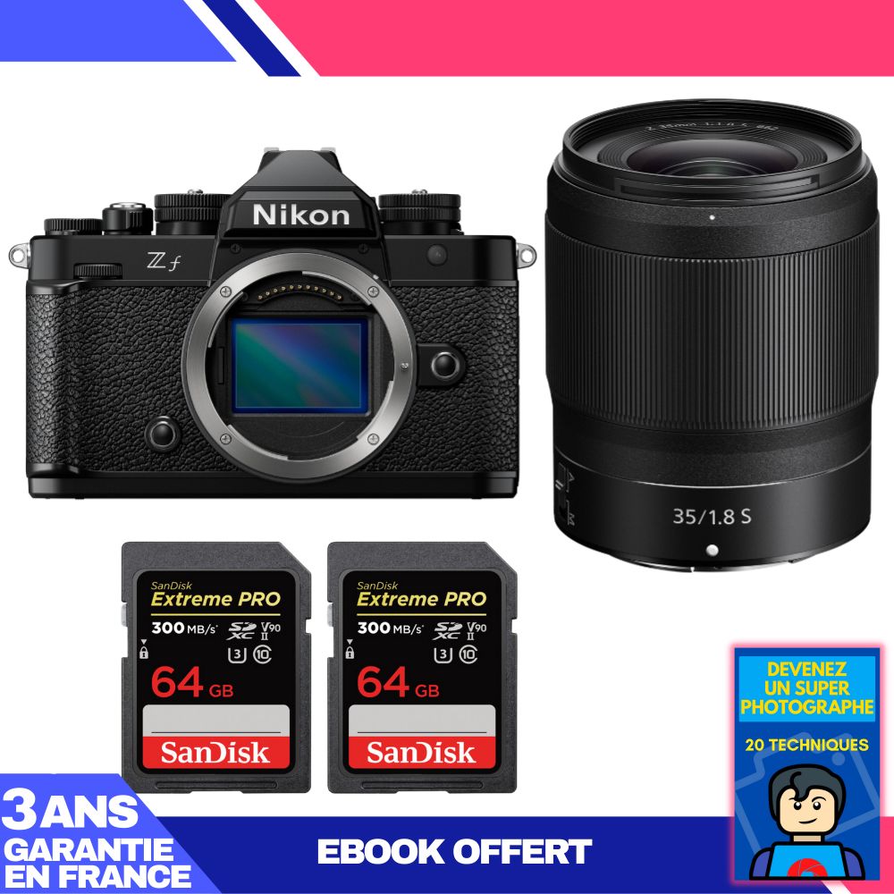 Cámara Nikon Zf + Lente 35 mm f/1.8 S + 2 Tarjetas de memoria SanDisk Extreme PRO UHS-II de 64 GB + Libro electrónico 'Conviértete en un fotógrafo súper'