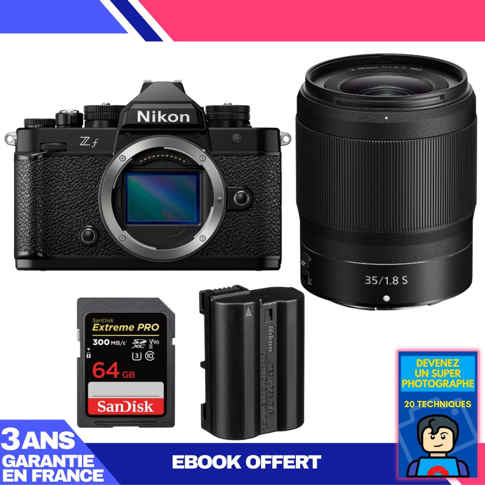 Nikon Zf Camera + 35mm f/1.8 S Lens + 1 SanDisk 64GB Extreme PRO UHS-II SDXC Card + 1 Nikon EN-EL15C Battery + Ebook