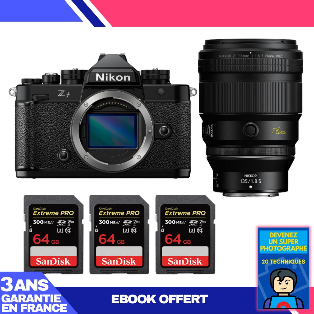 Nikon Zf Camera + 135mm f/1.8 S Plena Lens + 3 SanDisk 64GB Extreme PRO UHS-II SDXC Cards + 'Become a Super Photographer' Ebook