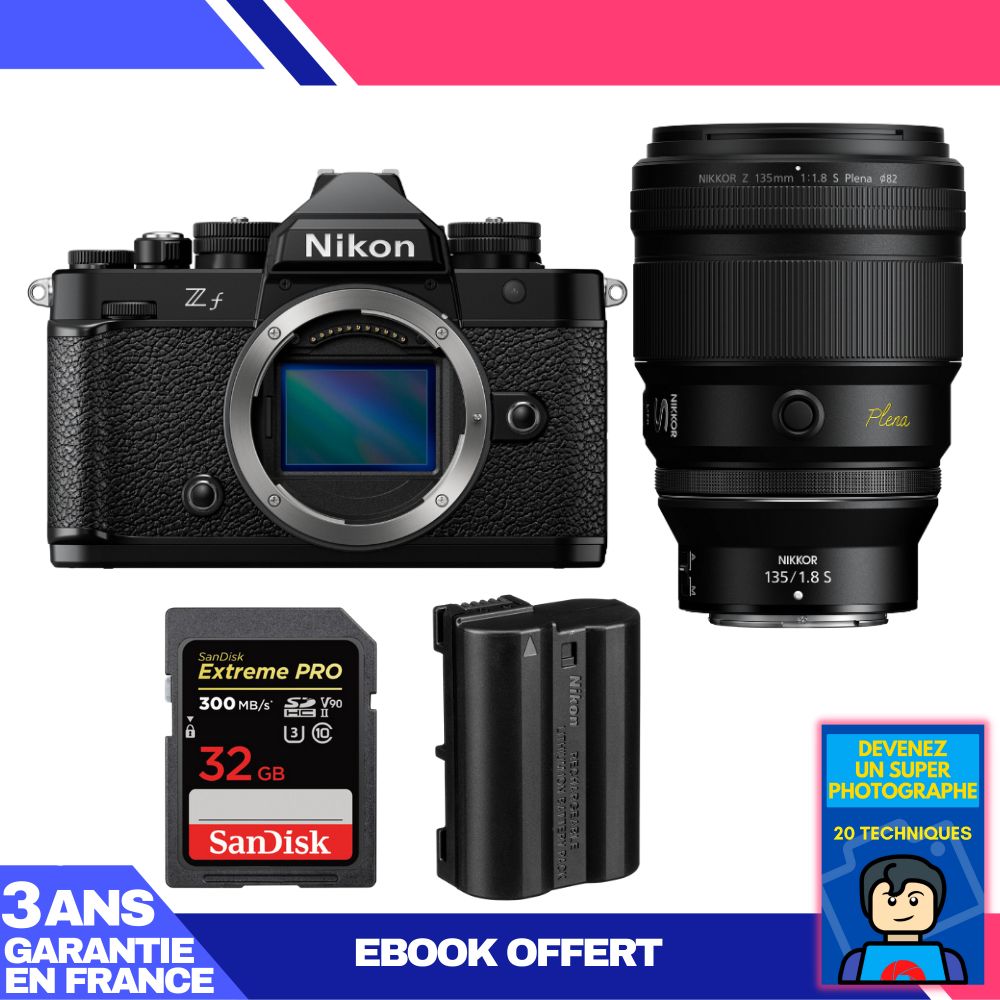 Nikon Zf Camera + 135mm f/1.8 S Lens + 1 SanDisk 32GB Extreme PRO UHS-II SDXC Card + 1 Nikon EN-EL15C Battery + Ebook