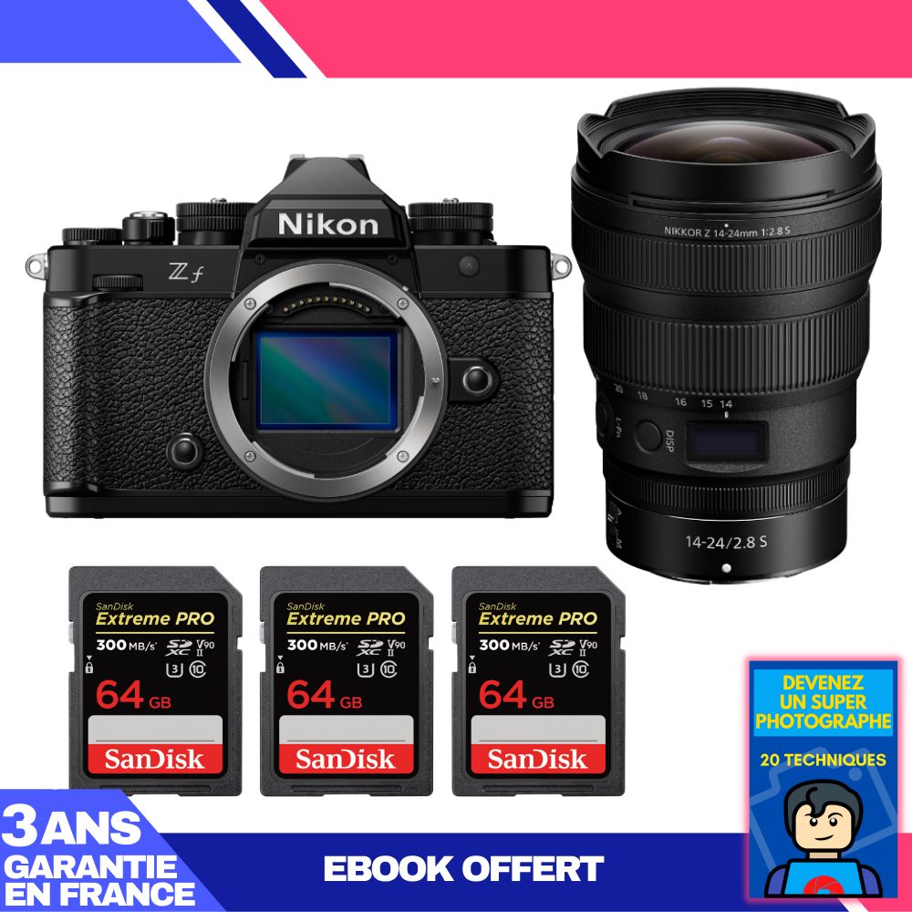 Nikon Zf Camera + 14-24mm f/2.8 S Lens + 3x 64GB SanDisk Extreme PRO UHS-II SDXC Memory Cards + Ebook: Become a Super Photographer