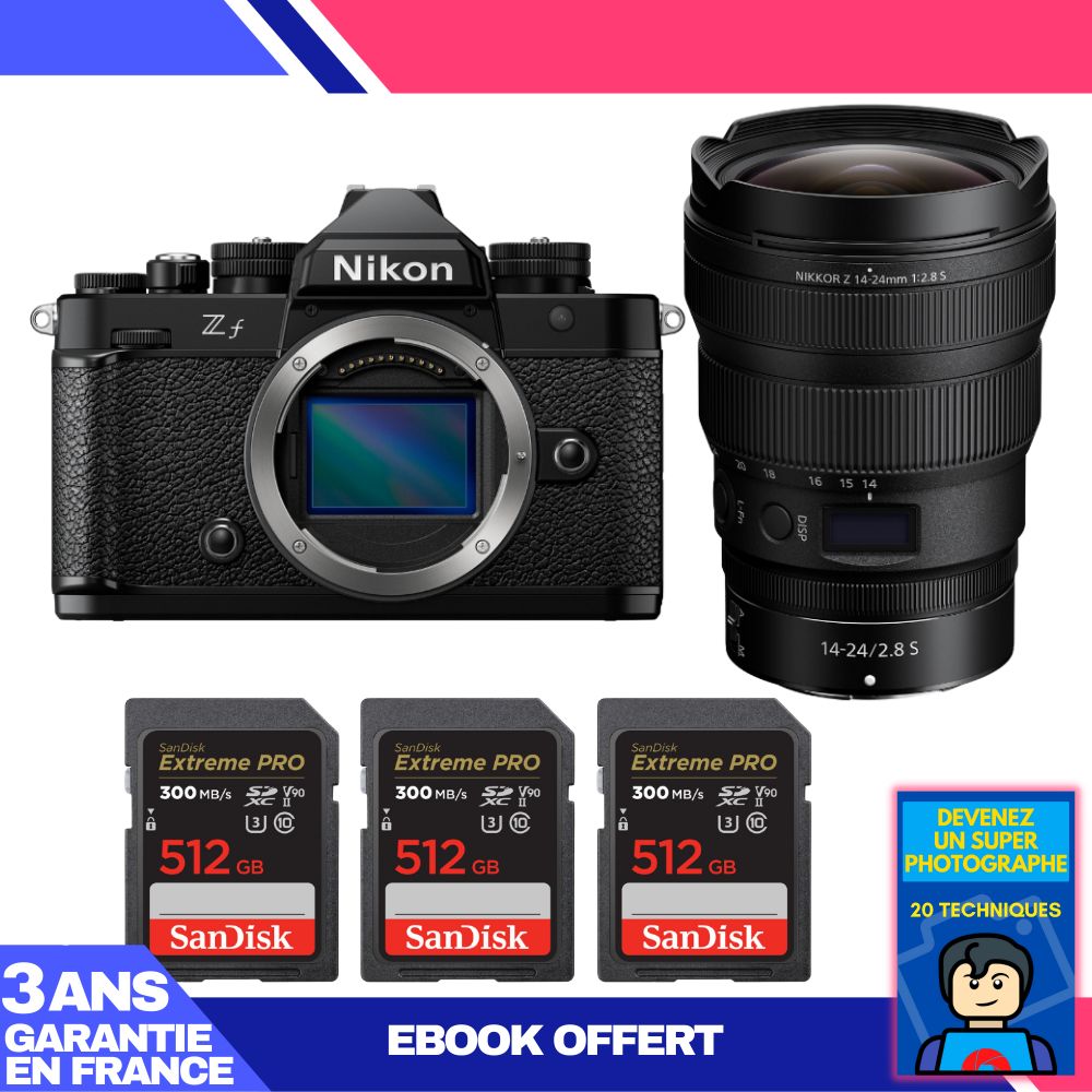 Nikon Zf Camera + 14-24mm f/2.8 S Lens + 3 SanDisk 512GB Extreme PRO UHS-II SDXC Cards + 'Become a Super Photographer' Ebook