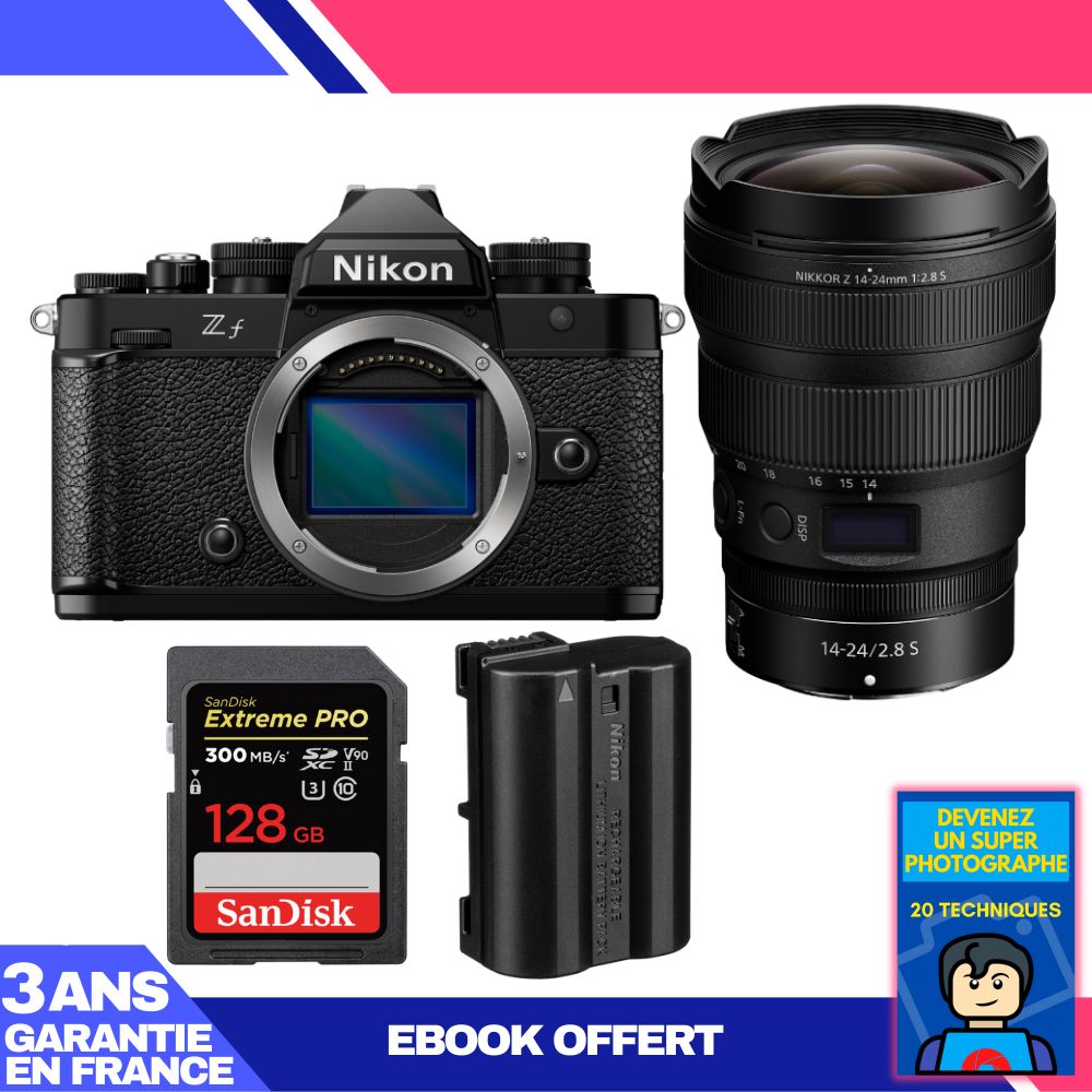 Nikon Zf Camera Kit with 14-24mm f/2.8 S Lens + SanDisk 128GB Extreme PRO UHS-II SDXC Card + Nikon EN-EL15C Battery + Ebook