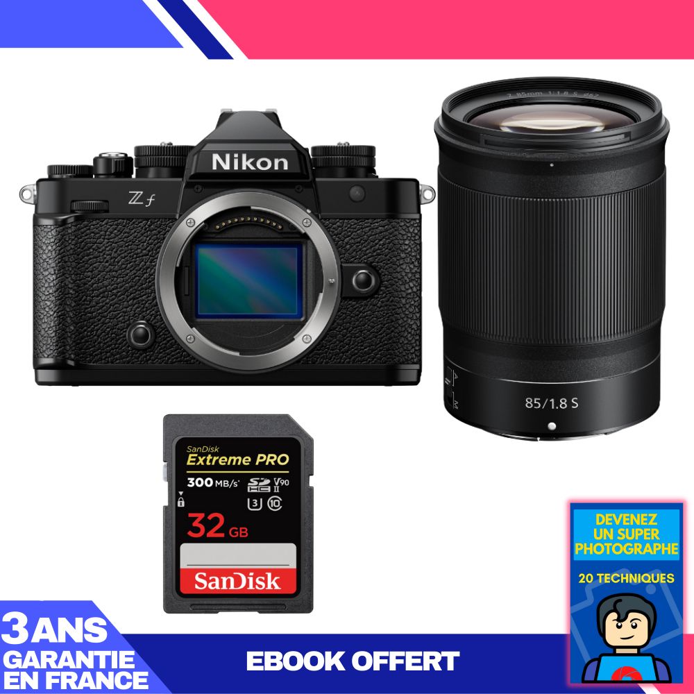 Nikon Zf Camera + 85mm f/1.8 S Lens + 1 SanDisk 32GB Extreme PRO UHS-II SDXC Card + 'Become a Super Photographer' Ebook
