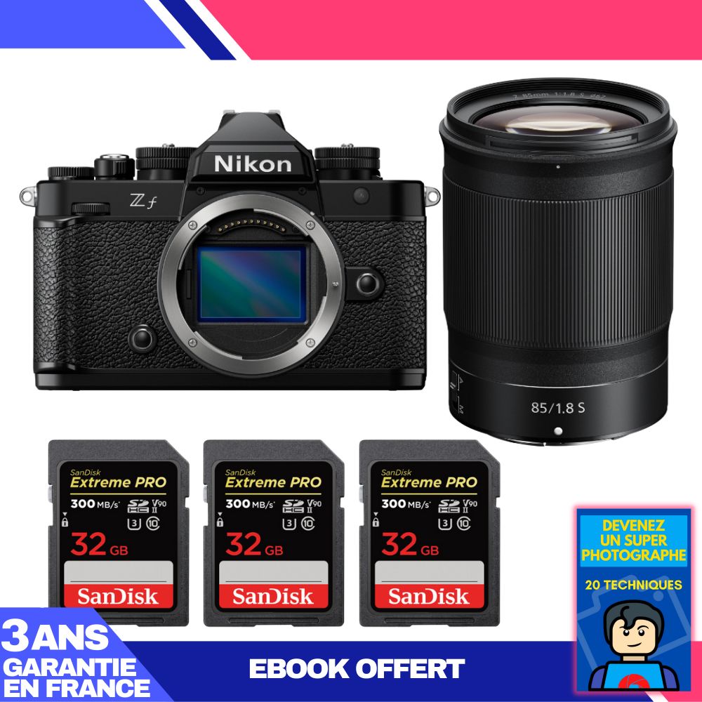 Appareil photo Nikon Zf + Objectif 85mm f/1.8 S + 3 Cartes mémoire SanDisk 32 Go Extreme PRO UHS-II SDXC 300 Mo/s + Ebook 'Devenez un super photographe'