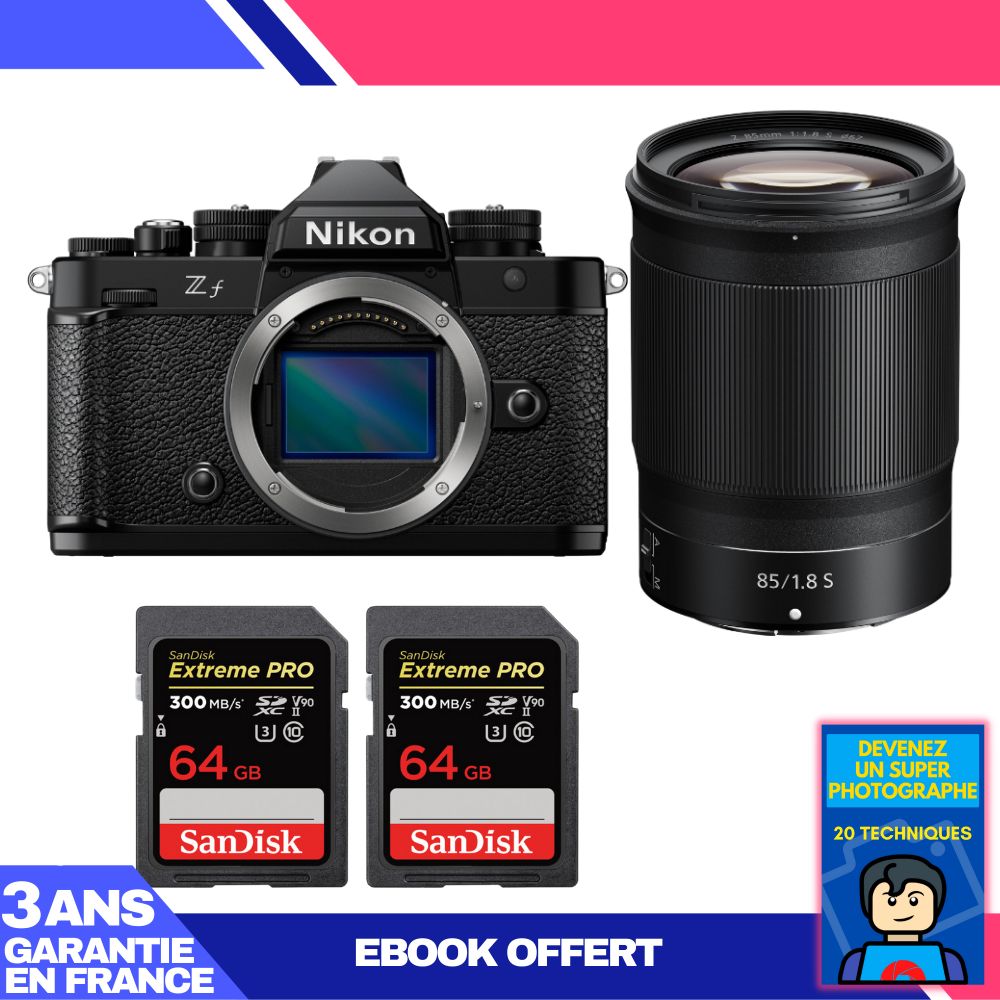 Cámara Nikon Zf + Lente 85mm f/1.8 S + 2 Tarjetas de memoria SanDisk 64GB Extreme PRO UHS-II SDXC 300 MB/s + Ebook 'Conviértete en un fotógrafo super'