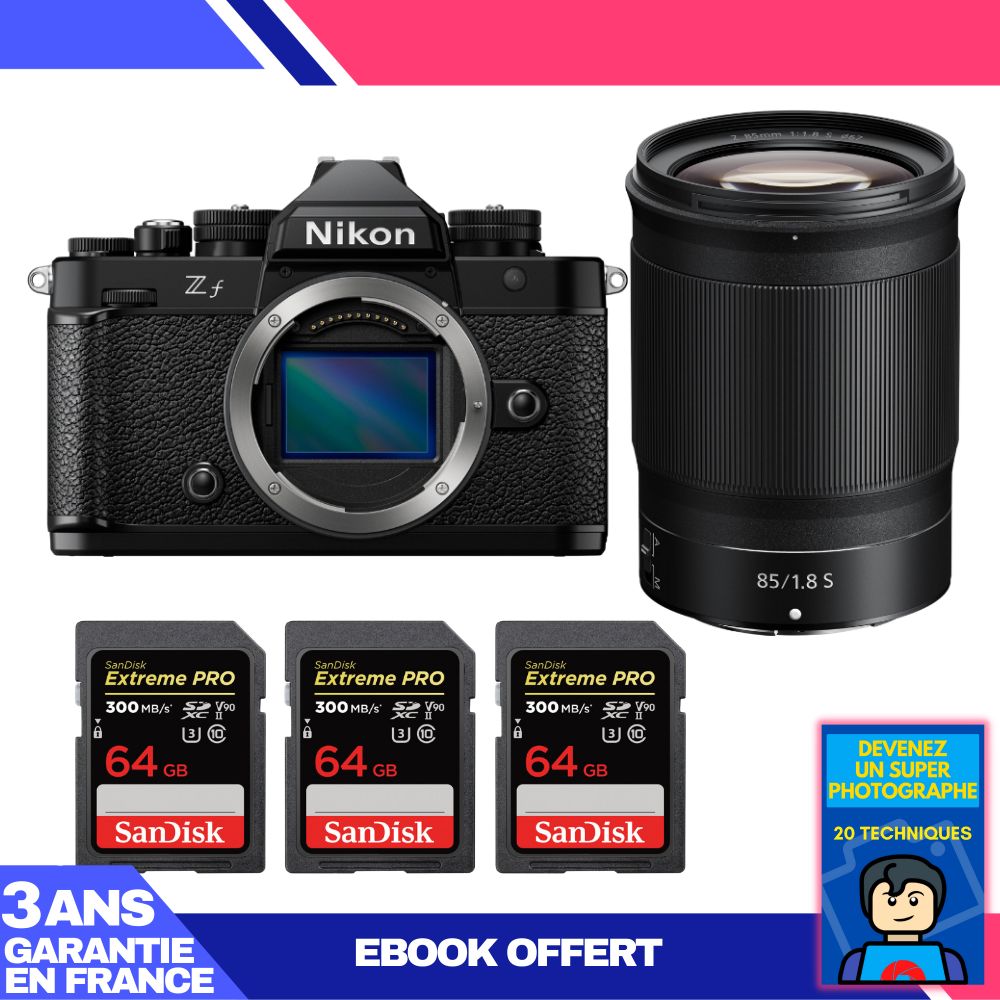Appareil photo Nikon Zf + Objectif 85mm f/1.8 S + 3 Cartes SDXC SanDisk 64 Go Extrême PRO UHS-II 300 Mo/s + Guide électronique 'Devenez un super photographe'