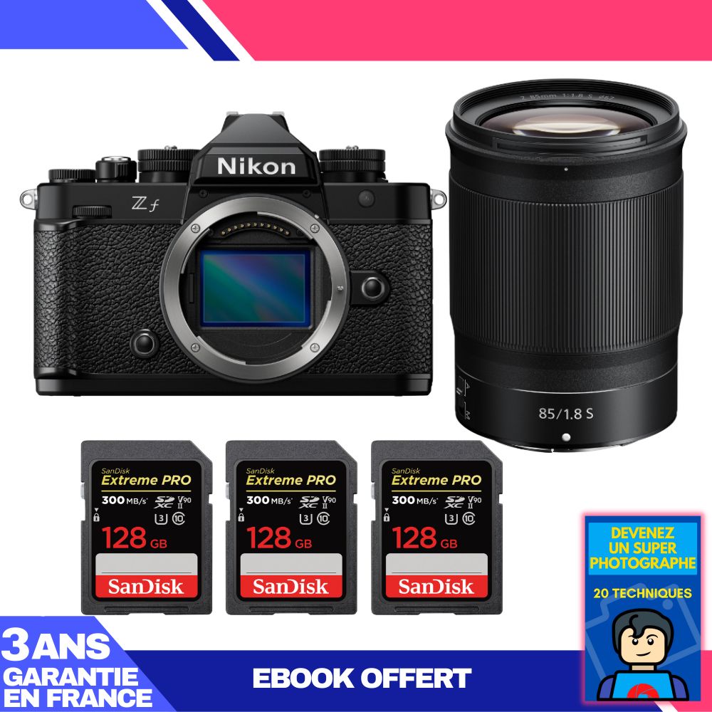 Appareil photo Nikon Zf + Objectif 85mm f/1.8 S + 3 Cartes SDXC SanDisk de 128 Go Extrême PRO UHS-II 300 Mo/s + Ebook 'Devenez un Super Photographe'