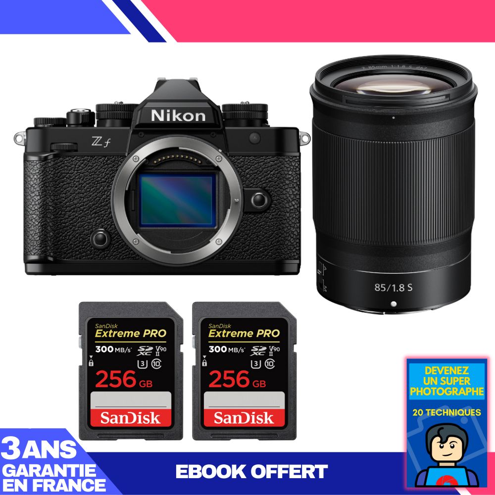 Cámara Nikon Zf + objetivo 85 mm f/1.8 S + 2 tarjetas de memoria SanDisk 256 GB Extreme PRO UHS-II SDXC 300 MB/s + libro electrónico 'Conviértete en un fotógrafo súper'