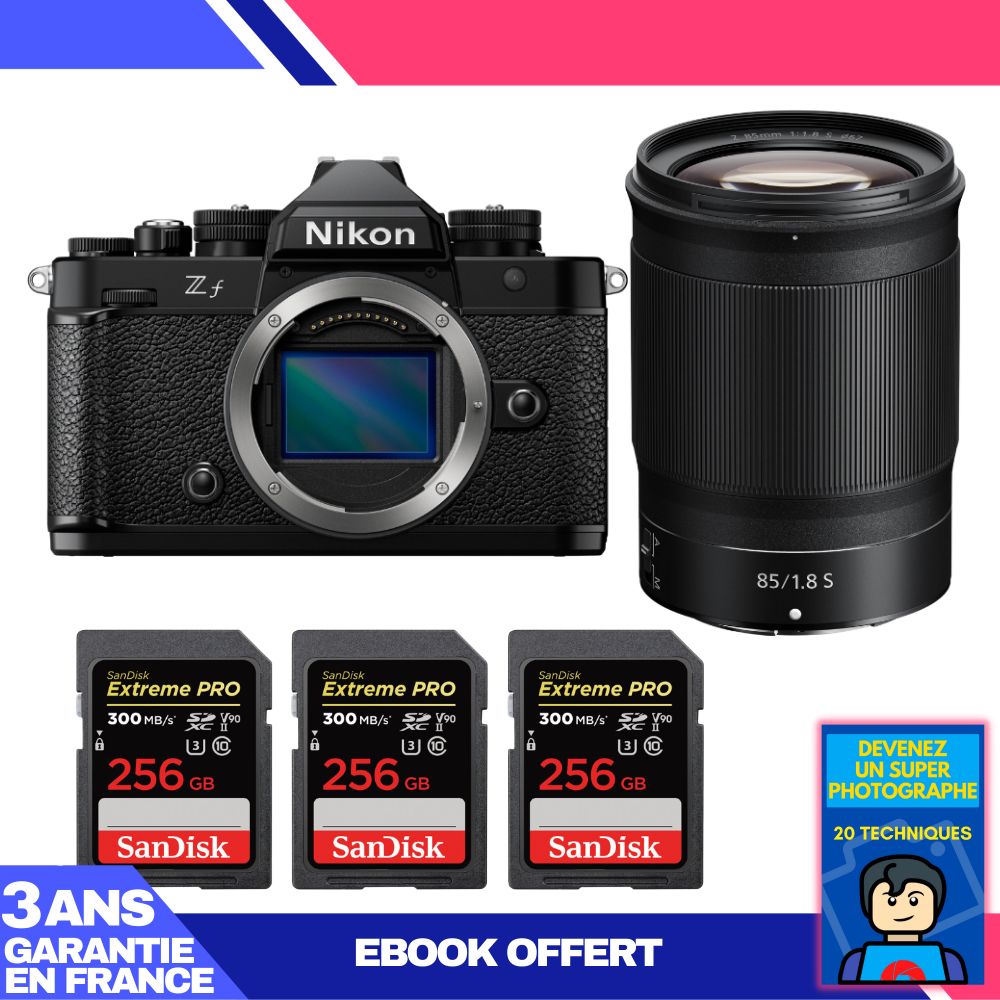 Appareil photo Nikon Zf + Objectif 85mm f/1.8 S + 3 Cartes SDXC SanDisk 256 Go Extrême PRO UHS-II 300 Mo/s + Ebook 'Devenez un Super Photographe'