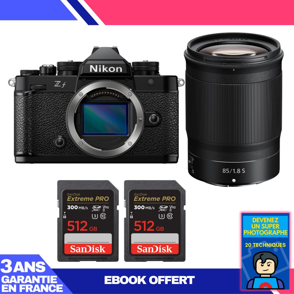 Appareil photo Nikon Zf + Objectif 85 mm f/1.8 S + 2 Cartes SDXC SanDisk 512 Go Extrême PRO UHS-II + Guide 'Devenez un Photographe Super'