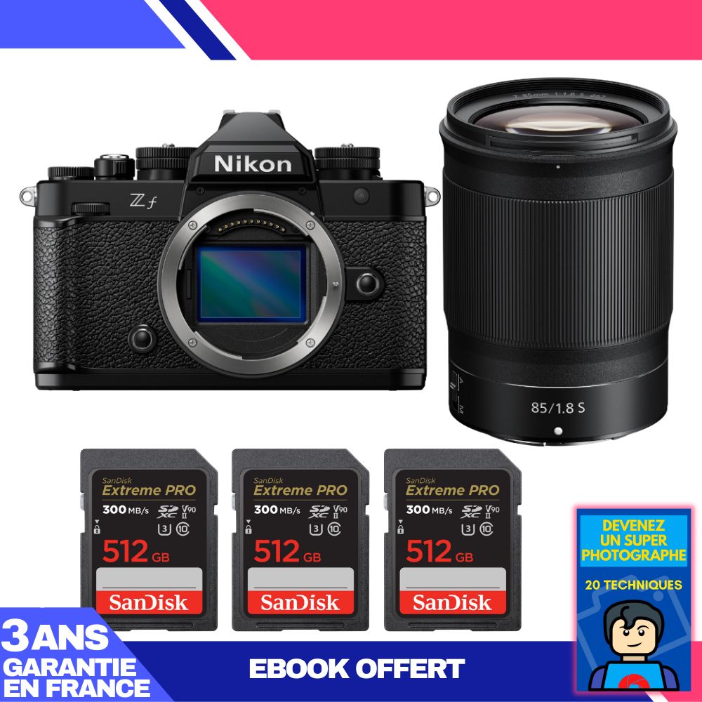 Appareil photo Nikon Zf + Objectif 85 mm f/1,8 S + 3 Cartes mémoire SanDisk 512 Go Extreme PRO UHS-II SDXC + Ebook : Devenez un Photographe Exceptionnel