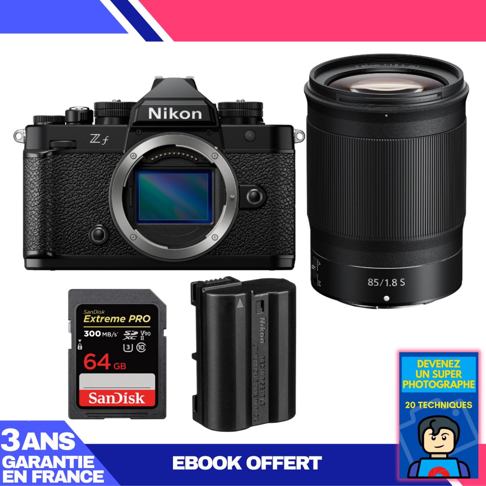 Nikon Zf Camera + 85mm f/1.8 S Lens + 1 SanDisk 64GB Extreme PRO UHS-II SDXC Card + 1 Nikon EN-EL15C Battery + Ebook