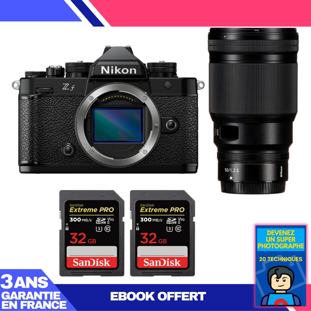 Cámara Nikon Zf + Lente 50mm f/1.2 S + 2 Tarjetas de memoria SanDisk 32GB Extreme PRO UHS-II SDXC 300 MB/s + Ebook 'Conviértete en un fotógrafo super'