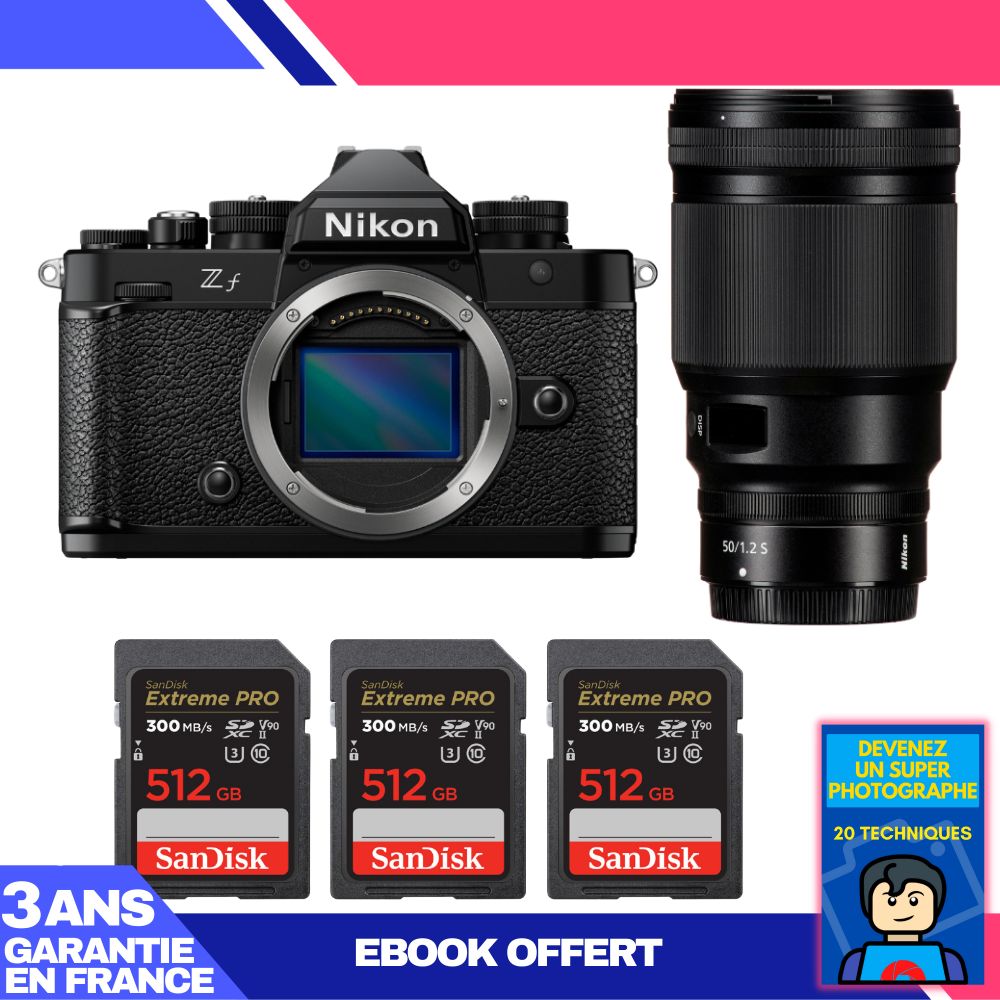 Appareil photo Nikon Zf + Objectif 50 mm f/1.2 S + 3 Cartes mémoire SanDisk 512 Go Extreme PRO UHS-II SDXC 300 Mo/s + Ebook : Devenez un Photographe Extraordinaire