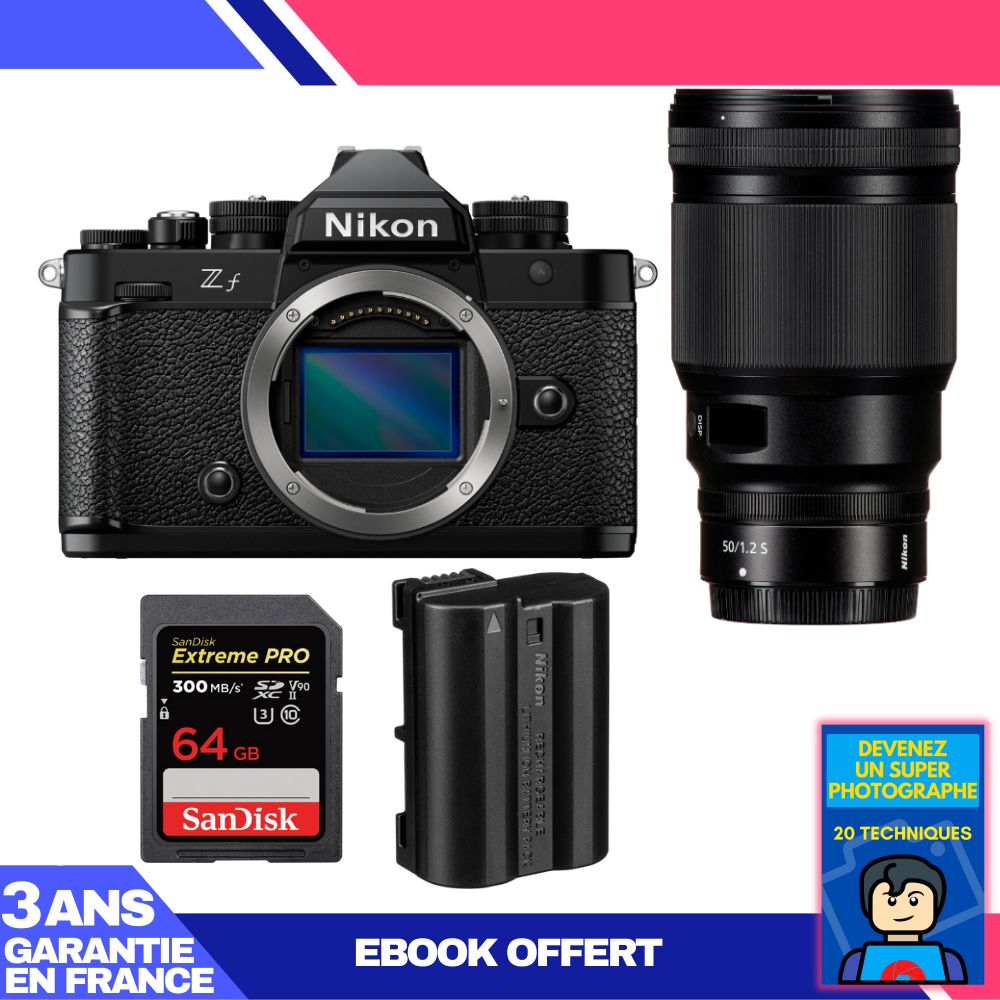 Cámara Nikon Zf + Lente 50mm f/1.2 S + 1 Tarjeta SD SanDisk de 64GB Extreme PRO UHS-II 300 MB/s + 1 Batería Nikon EN-EL15C + Ebook 'Conviértete en un Fotógrafo Profesional'