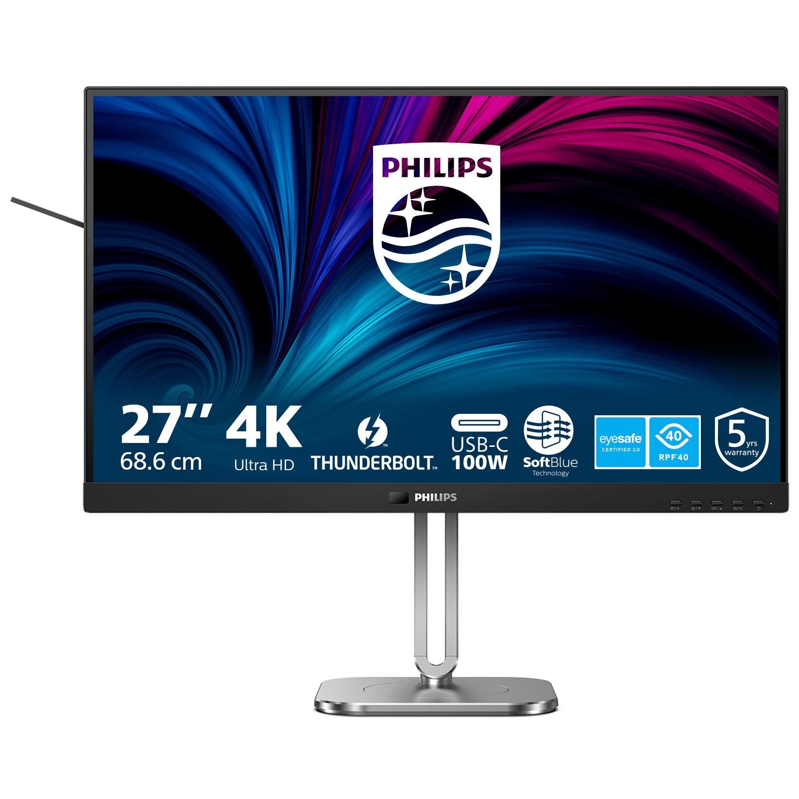 Philips 27B2U6903 - 6000 Series - écran LED - 27" - 3840 x 2160 4K UHD (2160p) @ 60 Hz - IPS - 350 cd/m² - 1000:1 - 4 ms - Thunderbolt 4, 2xHDMI, DisplayPort - haut-parleurs - argent, Charbon