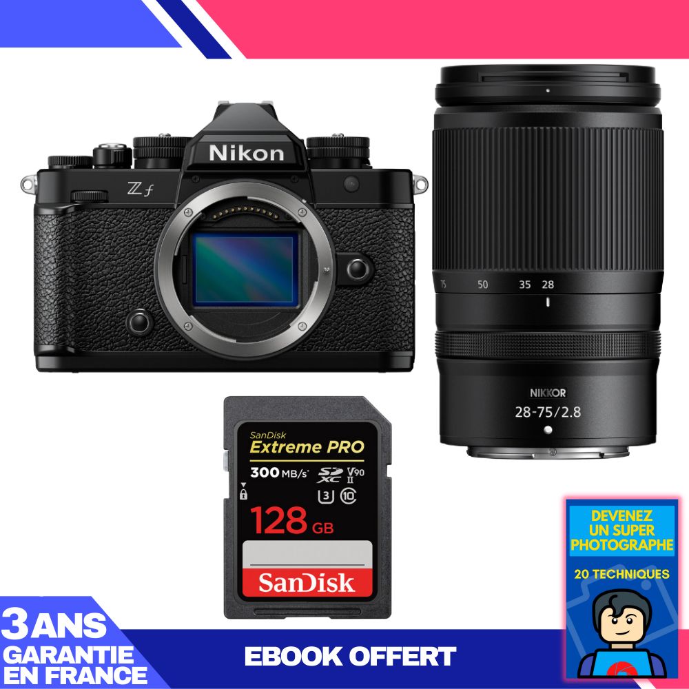 Nikon Zf Camera + 28-75mm f/2.8 Lens + 1 SanDisk 128GB Extreme PRO UHS-II SDXC Card (300 MB/s) + 'Become a Super Photographer' Ebook