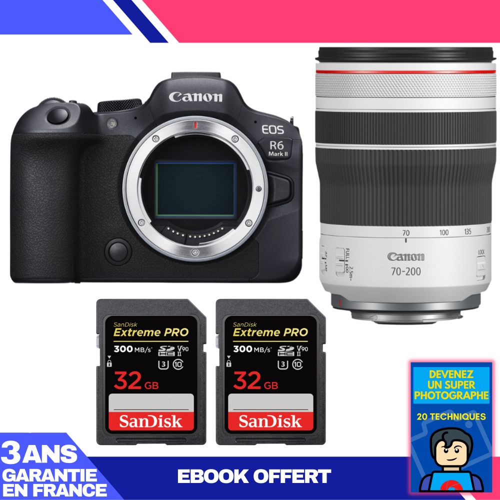 Canon EOS R6 Mark II + RF 70-200mm f/4 L IS USM + 2 SanDisk 32GB Extreme PRO UHS-II SDXC Cards + 'Become a Super Photographer Ebook