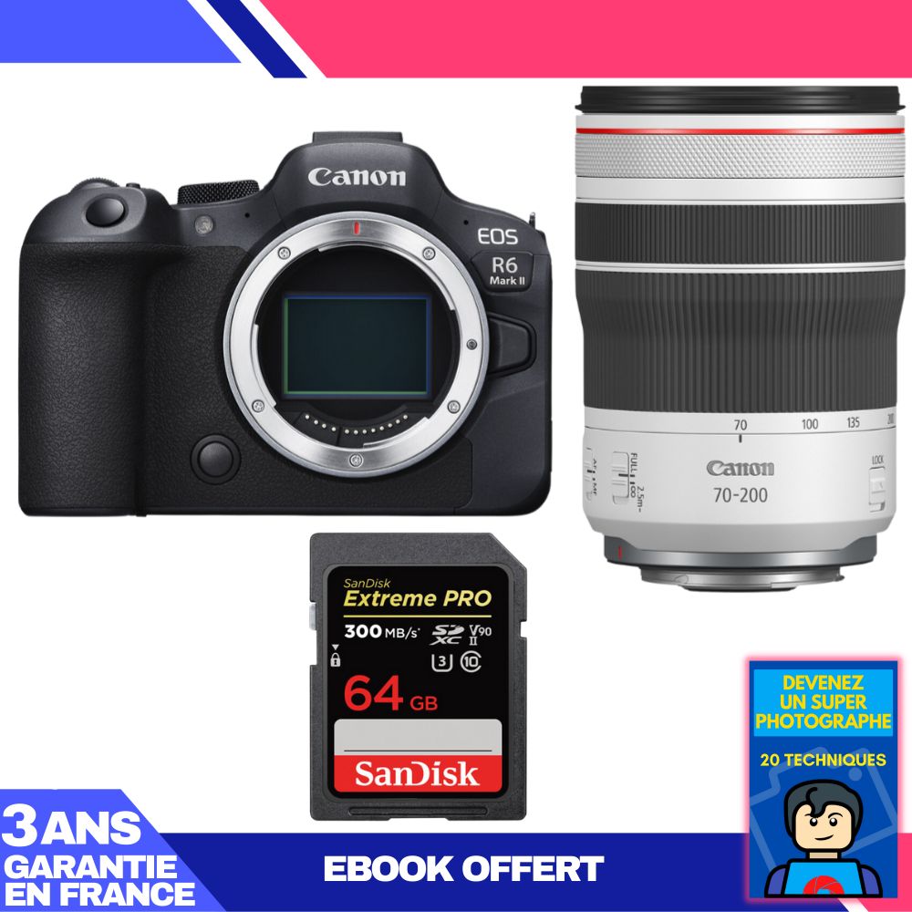 Canon EOS R6 Mark II + RF 70-200mm f/4 L IS USM + 1 SanDisk 64GB Extreme PRO UHS-II SDXC 300MB/s Memory Card + 'Become a Super Photographer' Ebook