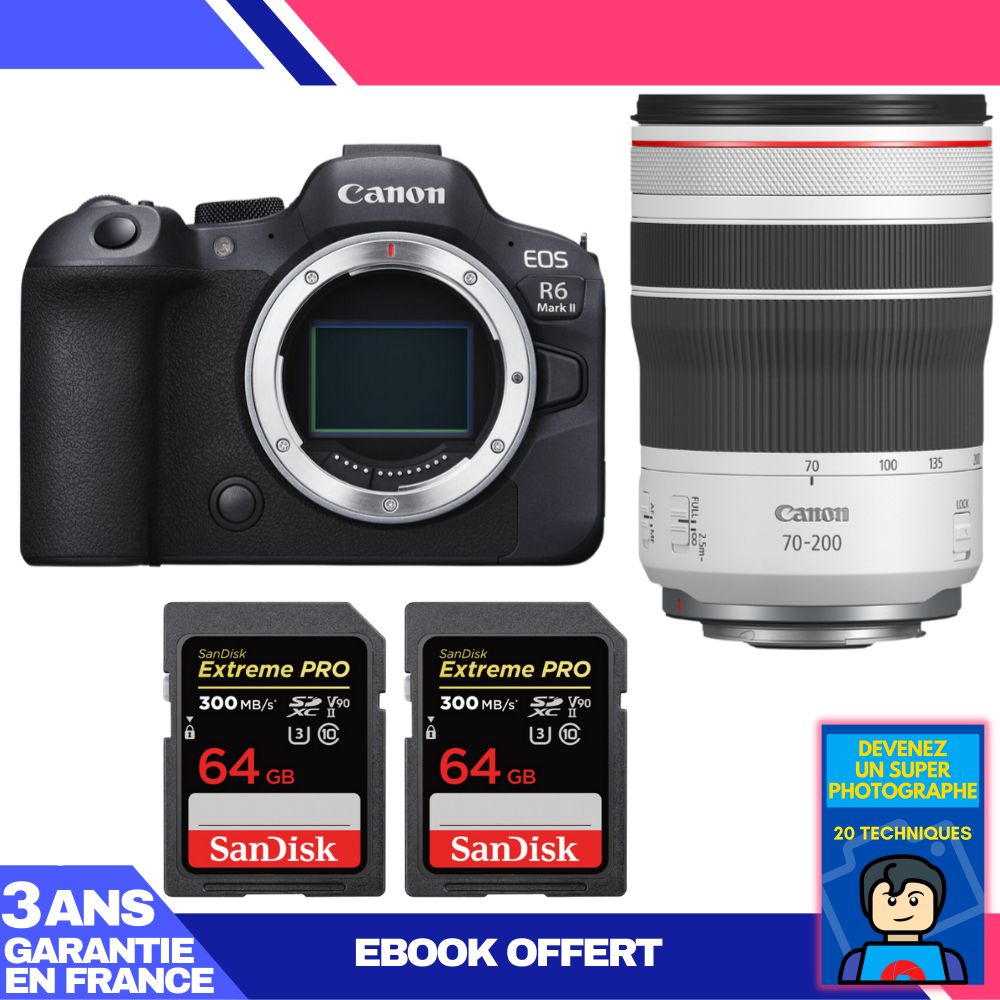 Canon EOS R6 Mark II + RF 70-200mm f/4 L IS USM Lens + 2 SanDisk 64GB Extreme PRO UHS-II SDXC Cards + 'Become a Super Photographer' Ebook