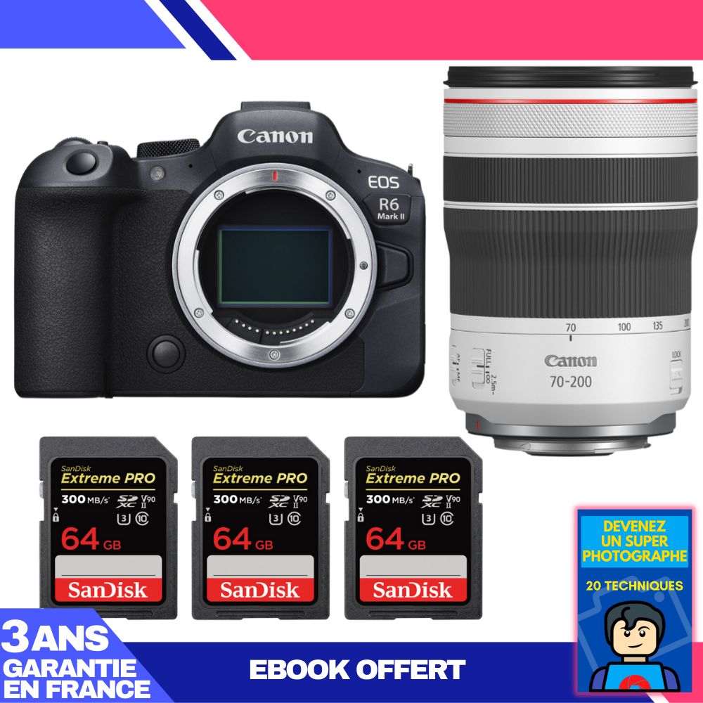 Canon EOS R6 Mark II Camera + RF 70-200mm f/4 L IS USM Lens + 3 SanDisk 64GB Extreme PRO UHS-II SDXC Memory Cards