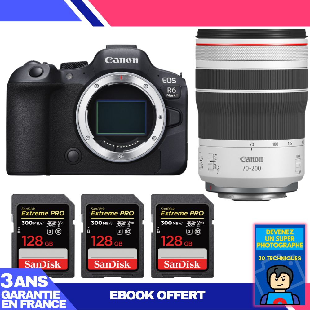 Canon EOS R6 Mark II + RF 70-200mm f/4 L IS USM Lens + 3x SanDisk 128GB Extreme PRO UHS-II SDXC Cards