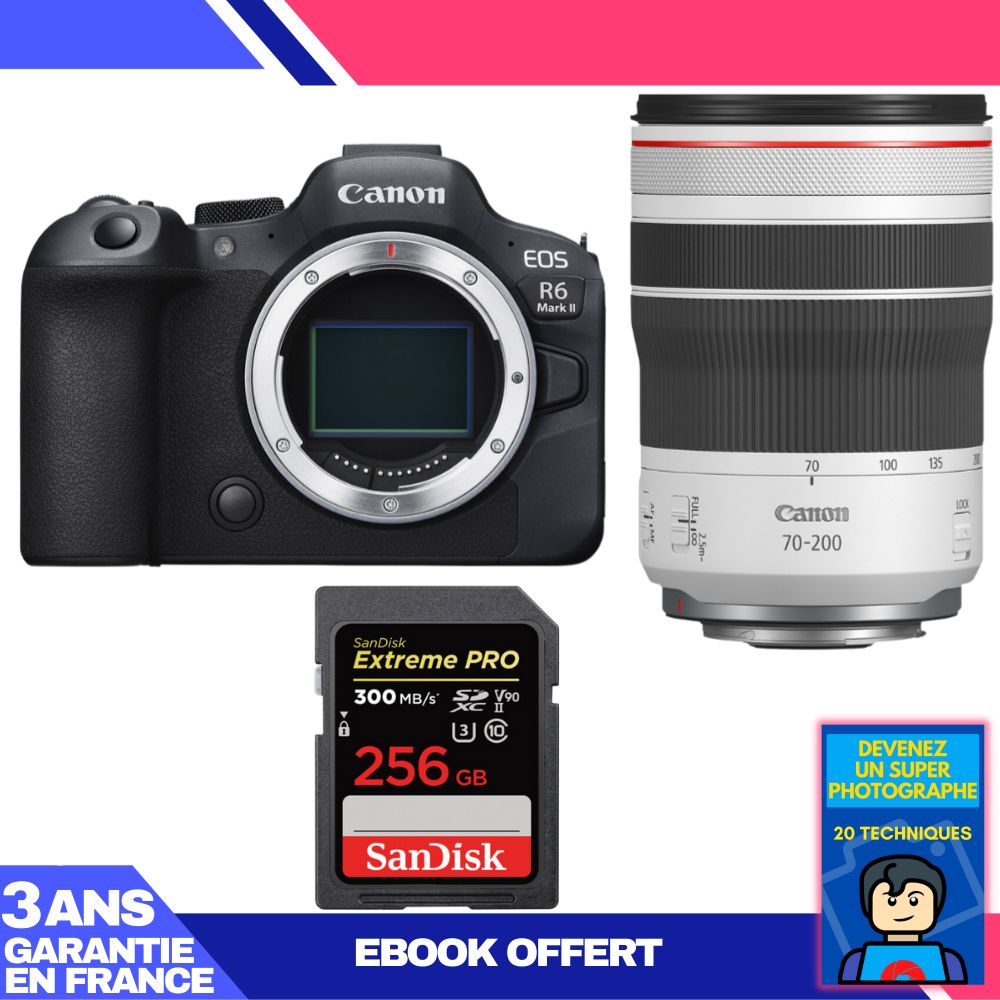 Canon EOS R6 Mark II Camera Kit with RF 70-200mm f/4 L IS USM Lens and SanDisk 256GB Extreme PRO SD Card + Ebook